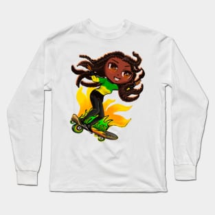 Jamaica jumper women skateboarding girl manga anime girl Jamaican girl on skateboard wearing jumper with colours of Jamaican flag black green and yellow women Long Sleeve T-Shirt